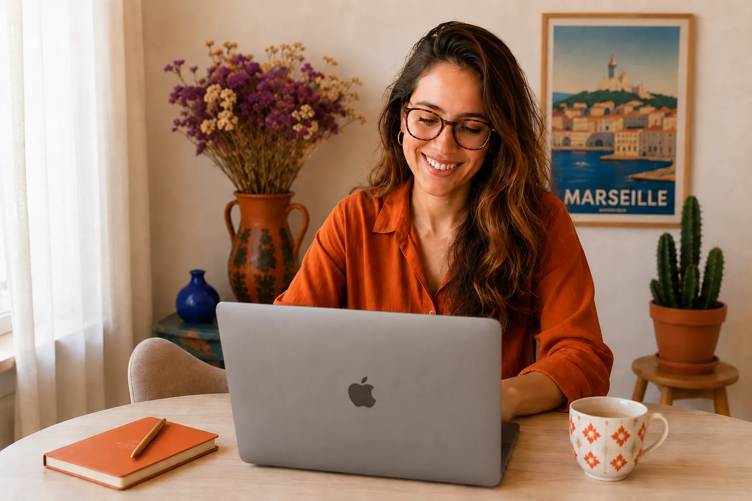 Coline Deglin travaillant sur un Mac orange, affiche de Marseille en arrière-plan